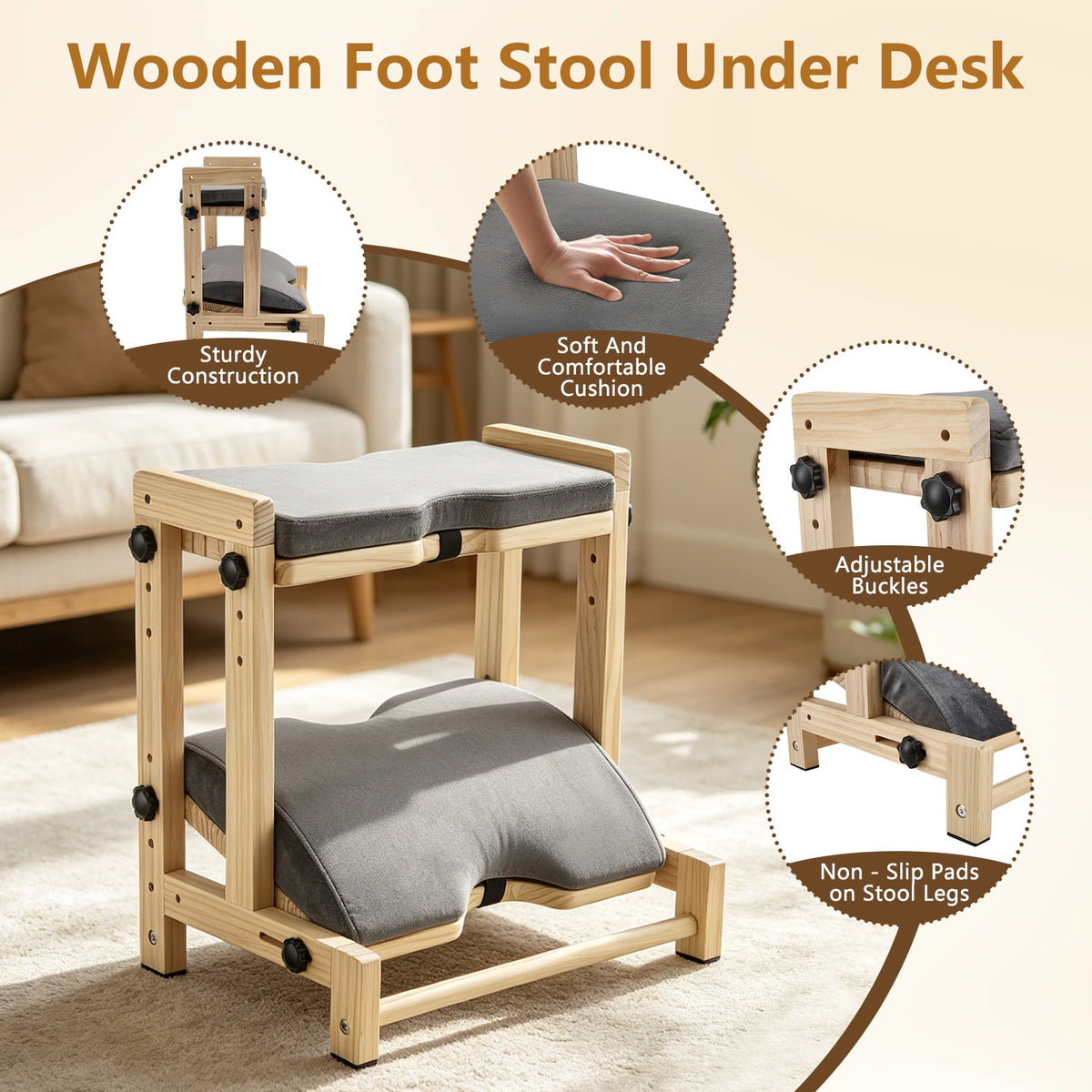 Wooden Foot Rest Under Desk, 2-Tier Adjustable Under Desk Footrest with Removable Washable Cushion, Ergonomic Office Foot Rest Under Desk for Home & Work, 4 Height Levels, 150 lbs