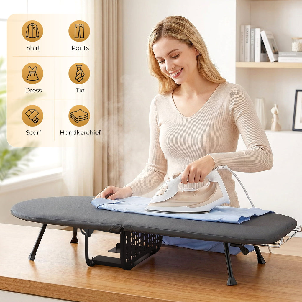 Doulami Small Tabletop Ironing Board with Retractable Iron Rest & Storage Basket, Foldable 4-Layer Heat Resistant Cover, Sturdy Support, Space-Saving for Laundry Room Apartment Dorm